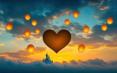 Heart Shape Surrounded by Floating Lanterns Against a Dramatic Sunset Sky with Castle Silhouette in the Background