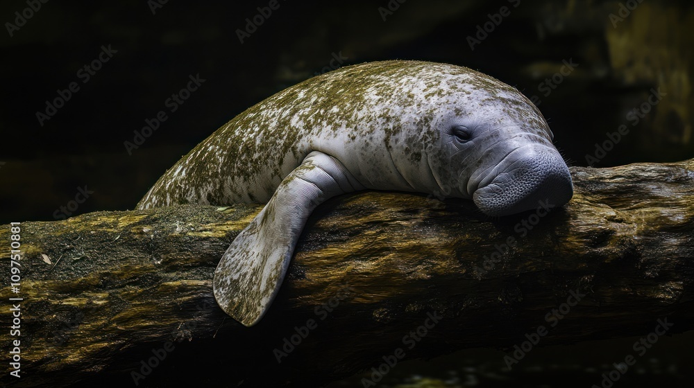 Poster a manatee resting on a log in a serene aquatic environment.