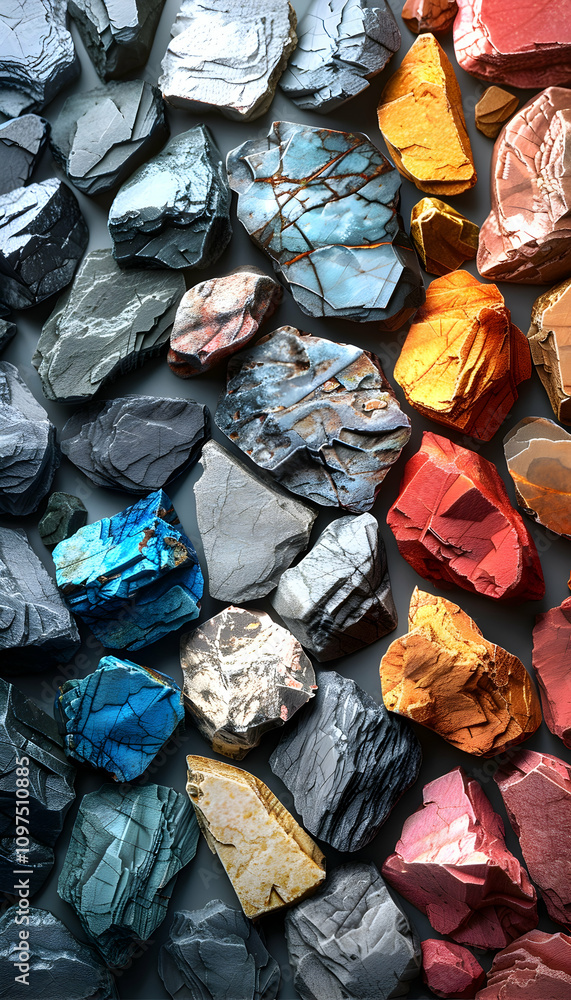 Poster colorful rocks arranged in a gradient pattern on a dark surface.