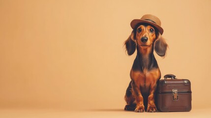 A dachshund wearing a hat sits beside a vintage suitcase on a plain background.