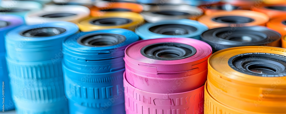 Poster colorful stacks of cylindrical objects with a textured surface and circular openings.