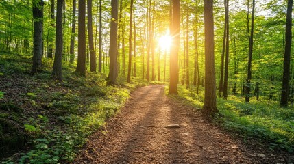 Obraz premium A serene forest path illuminated by sunlight filtering through lush green trees.