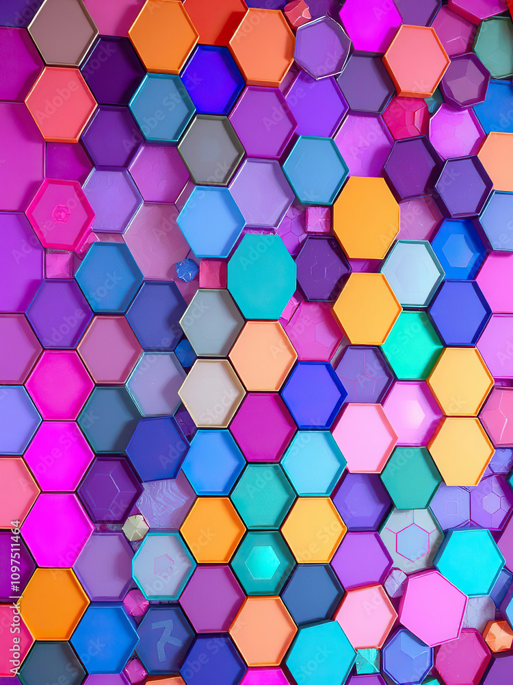 Poster mosaic background with interlocking hexagonal shapes in various colors , eclectic, puzzle, modern, d