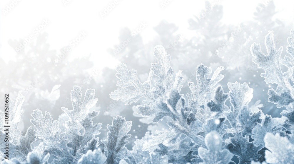 Poster a close-up of frost-covered leaves, showcasing intricate ice patterns and a cool color palette.