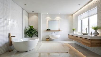 Fototapeta premium Modern minimalist bathroom design with freestanding bathtub, floating vanity, and natural elements