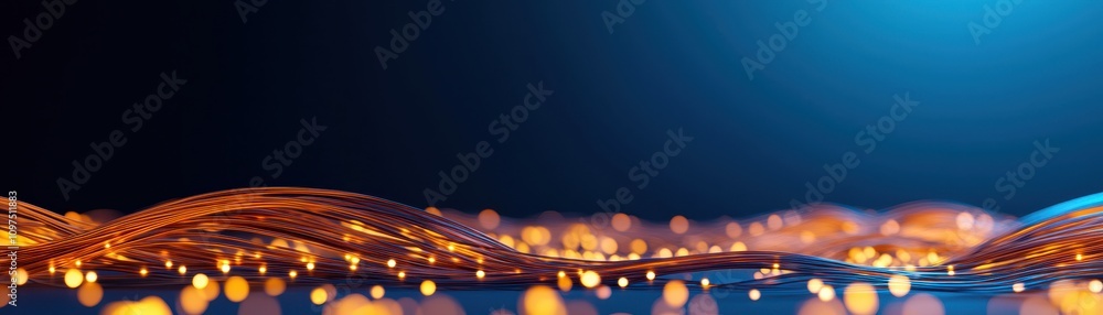 Poster fiber optic cables inspire abstract designs. an image featuring glowing waves of orange and blue lig