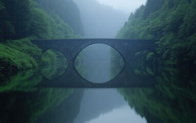 Fototapeta premium Ethereal Landscape of a Misty Bridge Reflected in Calm Waters Surrounded by Lush Greenery in a Tranquil Forest Setting