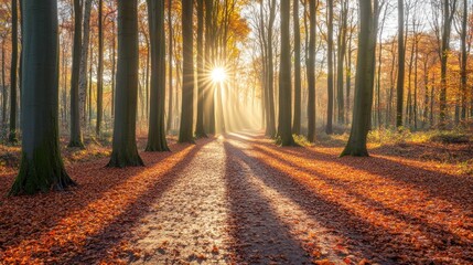 Fototapeta premium A serene autumn forest path illuminated by sunlight through tall trees.