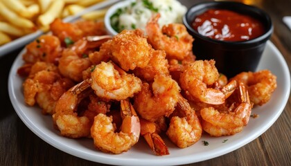 National Shrimp Day Crispy fried shrimp platter with dipping sauce and fries
