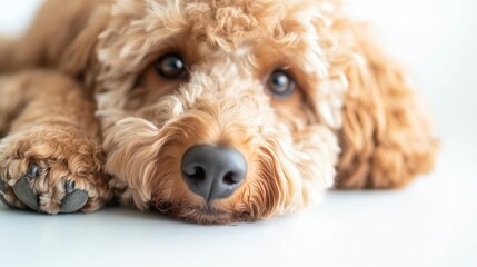 A close-up of a fluffy, relaxed dog resting its head on a surface.