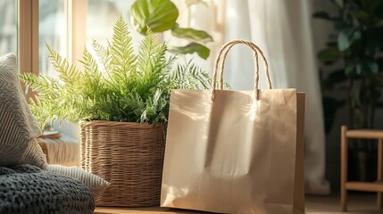 Sunlit Fern Plant Beside Paper Shopping Bag