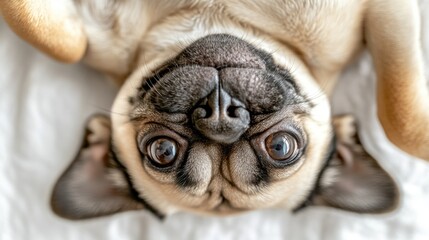 Obraz premium A playful pug lying on its back, showcasing its expressive eyes and adorable features.
