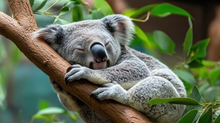 Fototapeta premium A koala peacefully sleeping on a tree branch surrounded by green leaves.
