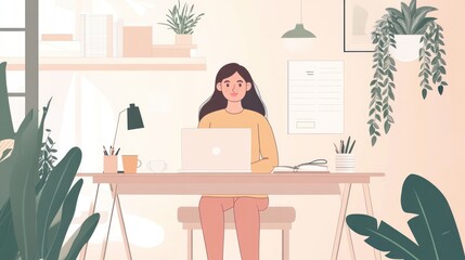Woman Working From Home, Cozy Office Space, Laptop, Plants