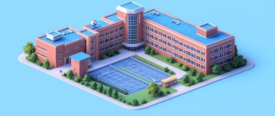 Fototapeta premium A stylized school building with tennis courts and greenery.