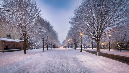 Fototapeta premium 薄曇りの空と雪の並木道、冬の静寂が広がる 