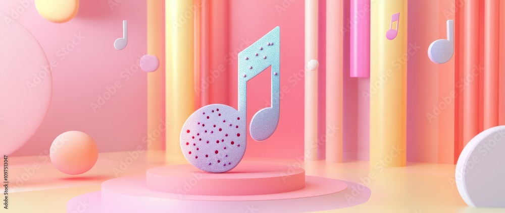 Poster a colorful, abstract representation of music with notes and geometric shapes in a vibrant setting.