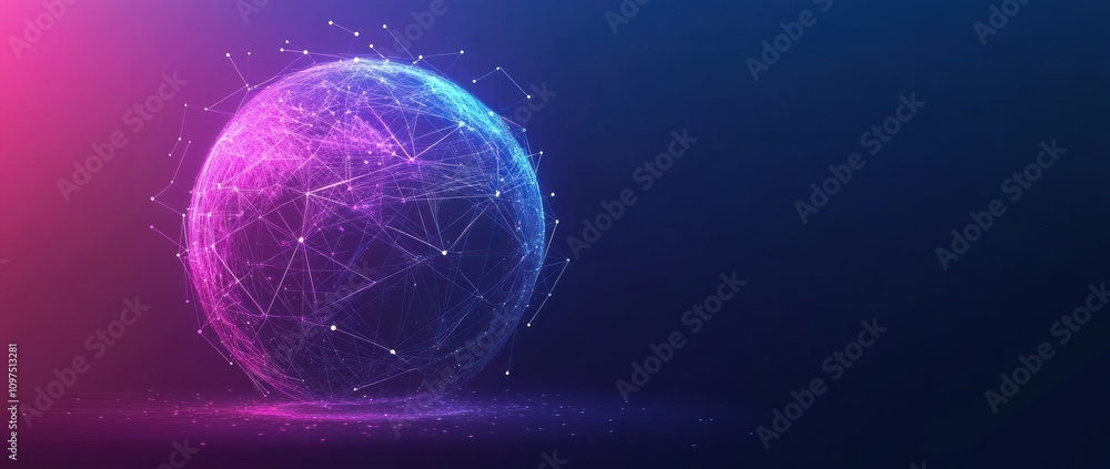 Poster a glowing, abstract globe composed of interconnected lines and nodes against a dark background.