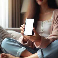 woman showing blank white smartphone screen - close up