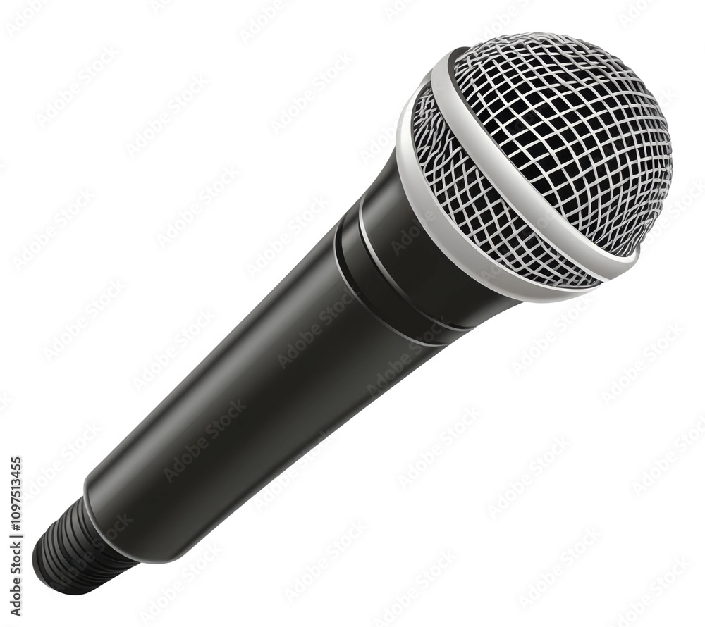 Poster realistic graphic design of a microphone for audio recording isolated on transparent background