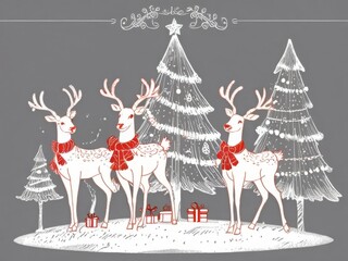 Naklejka premium Vintage-Inspired Christmas Scene with Charming Reindeers in Nostalgic Attire, Perfect for Holiday Imagery, Christmas Cards, and Festive Accessories