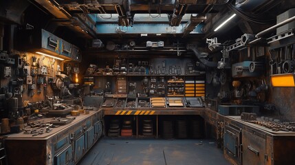 Cluttered industrial workshop interior with tools, equipment, and parts on shelves and workbench.
