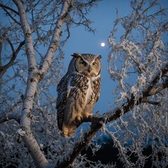 Obraz premium Lustrella the Owl perched on a white, shell-encrusted tree branch during twilight.