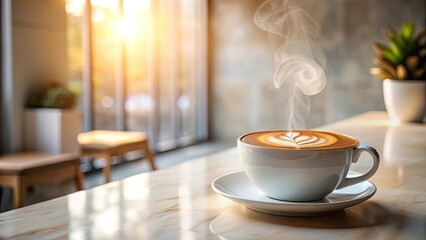 Fototapeta premium Aromatic Steaming Latte in a Cozy Cafe Setting with Sunlight Streaming Through the Window