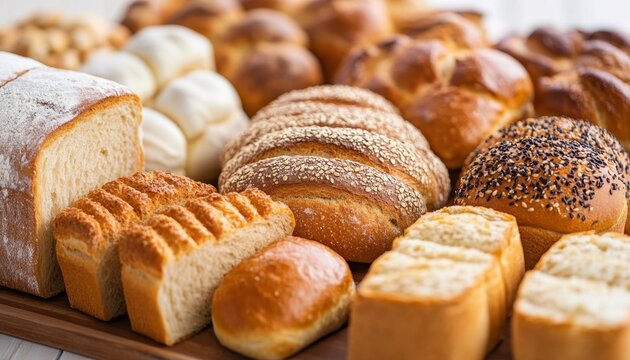 Real Bread Week Assortment of fresh artisan breads and rolls for bakery or cafe display