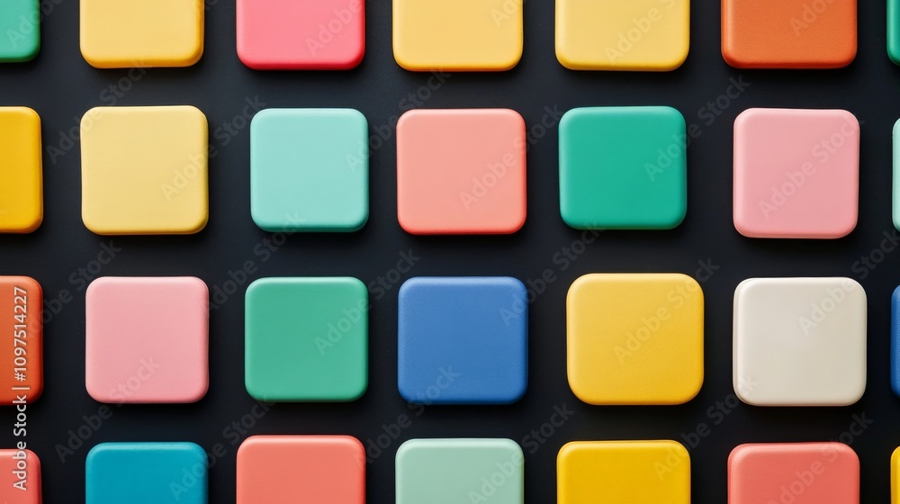 Poster colorful square tiles: a vibrant pattern of colorful square tiles arranged on a black background, cr