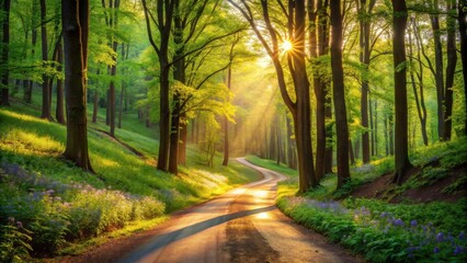 Obraz premium Sunlit Path Winding Through a Lush Spring Forest