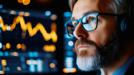 Focused professional analyzing financial data on computer screen, headset on, modern workspace.