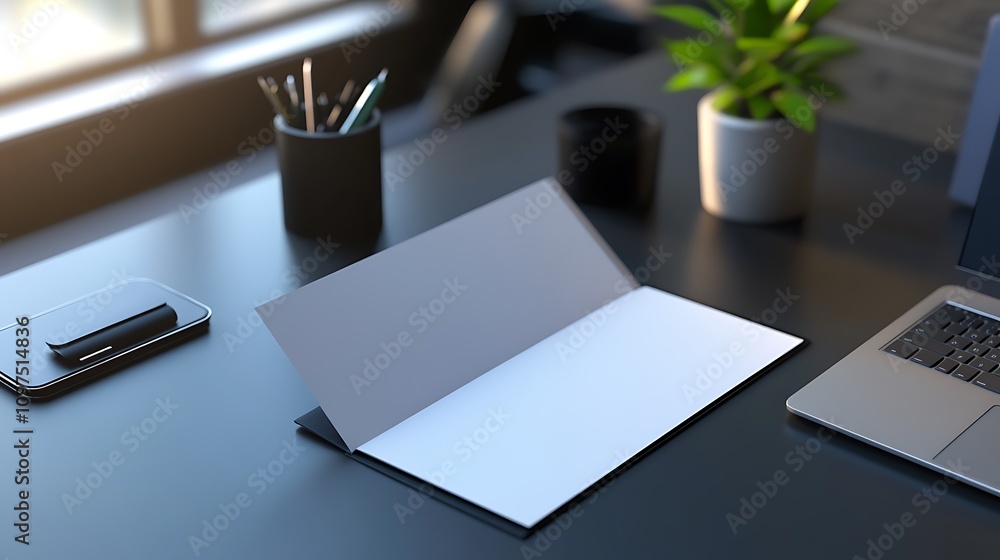 Poster modern workspace featuring open blank notebook and laptop