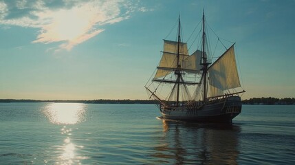 Obraz premium Remember the Maine Day Majestic sailing ship on tranquil waters at sunrise