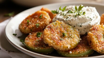 Fried Green Tomatoes with Whipped Herb Chevre Crispy fried green tomatoes with herb dip on white plate