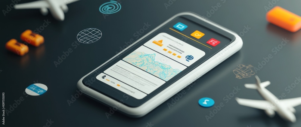 Poster a smartphone displaying travel-related information and icons on a dark surface.