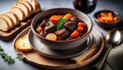 深い味わい、煮込んだビーフと野菜の温かいスープ

