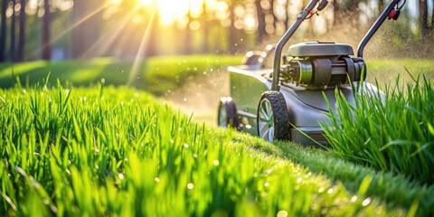 Golden hour lawn mowing a close-up view of a lawnmower cutting lush green grass in the warm sunlight.