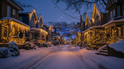 Fototapeta premium Rows of Christmas lights hang between the classic style houses, each house is decorated with gold and blue fairy lights, soft snow covers the roofs and streets, Ai generated images