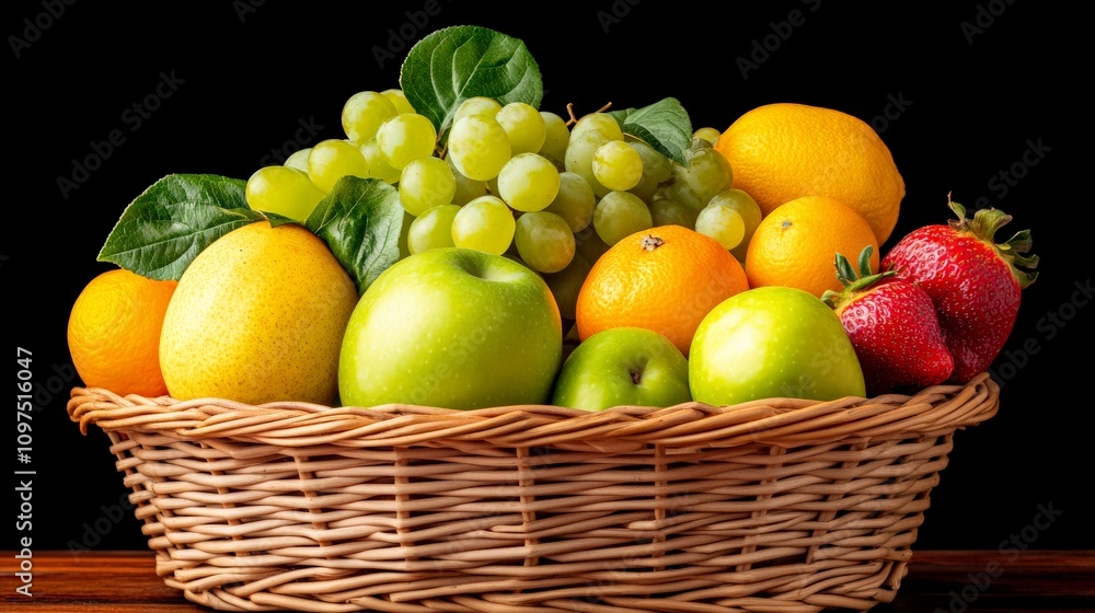 Poster a bountiful basket: a captivating still life showcasing a vibrant array of fresh fruits in a wicker 