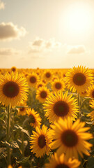 Obraz premium Majestic sunflower field bathed in soft golden light as rays stretch across the open space , popular flower, open field, country landscape, rays of light, golden light