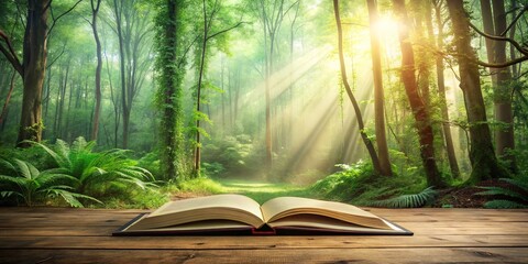 Open book on wooden surface revealing a sunlit forest scene