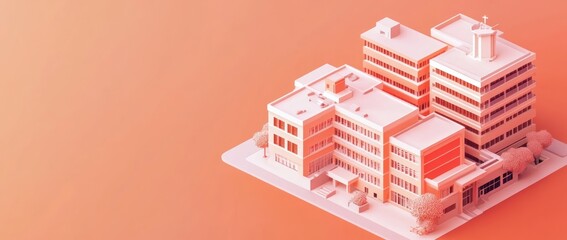 Fototapeta premium 3D illustration of a modern building complex with a warm gradient background.