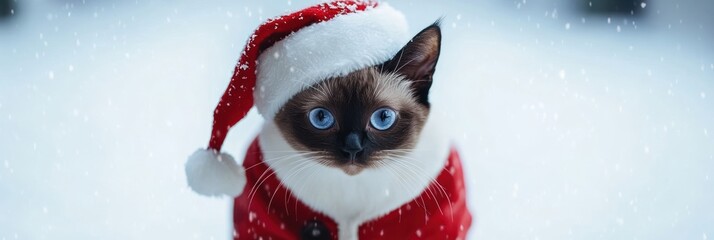 A festive cat wearing a Santa hat and coat in a snowy environment.