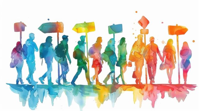 International Wayfinding Month Vibrant watercolor silhouettes of diverse people with signage for art and design projects - Powered by Adobe