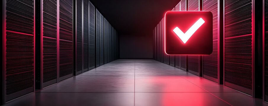Data center corridor with digital checkmark icon glowing