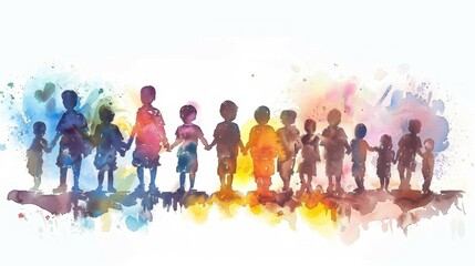 Naklejka premium World Day of War Orphans Colorful unity of diverse children in watercolor art for social inclusion design