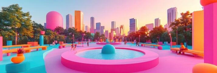 Vibrant urban park featuring colorful benches, a fountain, and a city skyline at sunset.