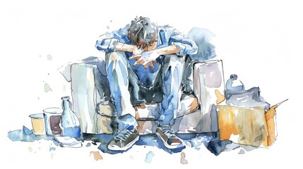 Inconvenience Yourself Day Emotional reflection in watercolor art - contemplative man sitting on couch