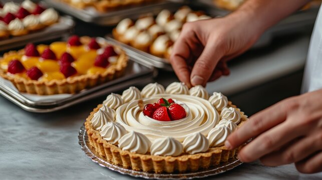 Masterful Pastry Chef Decorating Exquisite Tart with Whipped Cream and Berries.